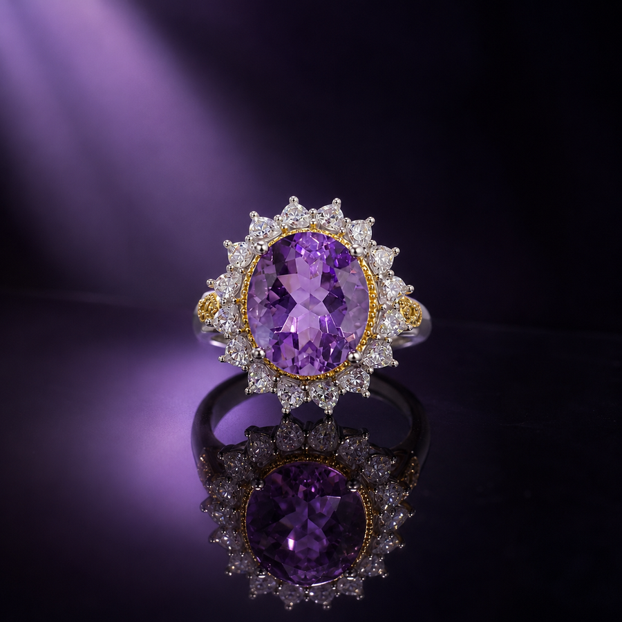 Natural Amethyst Vintage Halo Ring in 925 Sterling Silver, 10×12mm Oval Gemstone