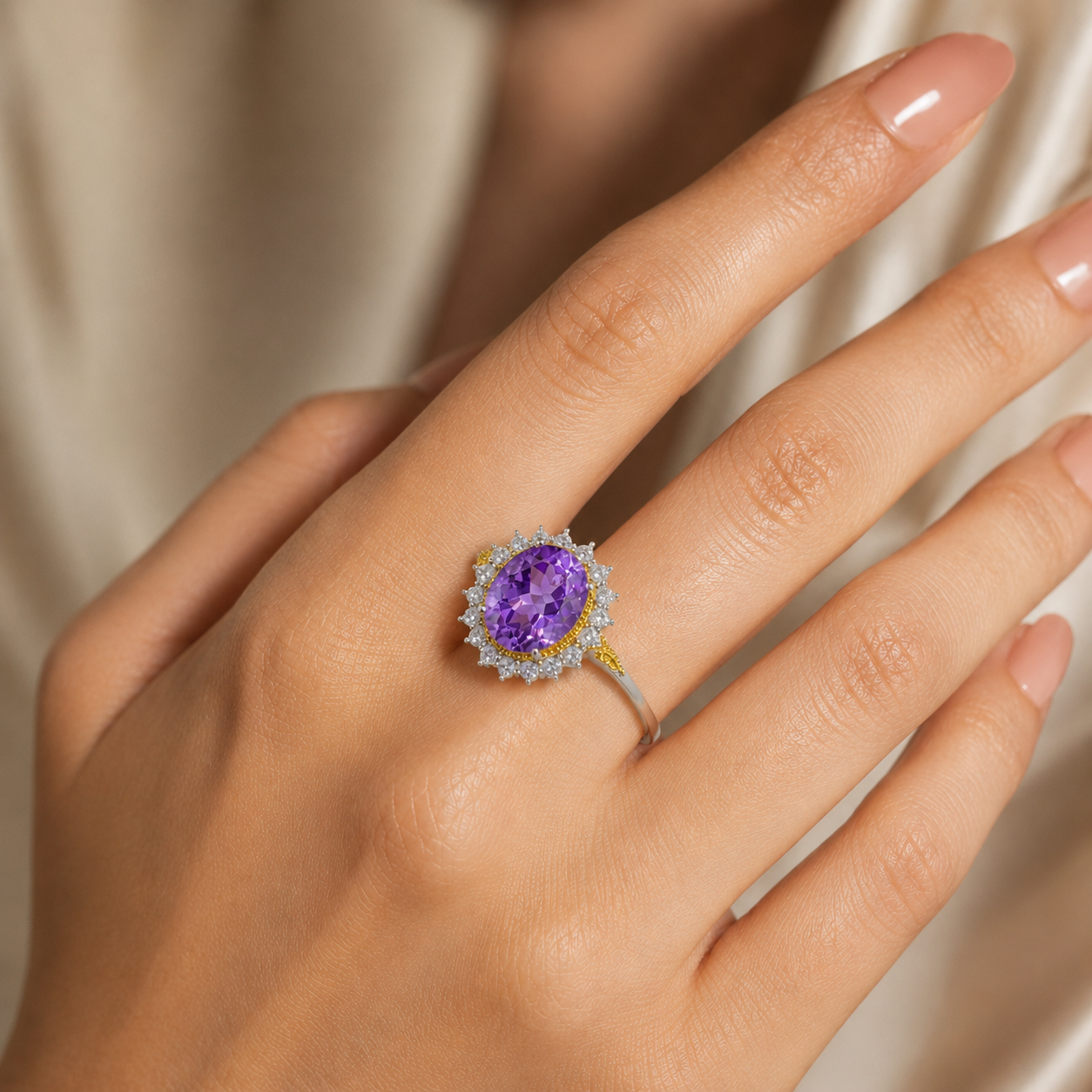 Natural Amethyst Vintage Halo Ring in 925 Sterling Silver, 10×12mm Oval Gemstone