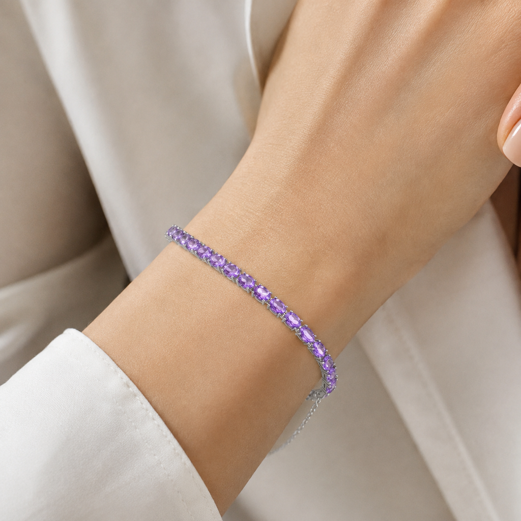 Natural Amethyst Oval Tennis Bracelet in 925 Sterling Silver, 5×7mm Gemstones