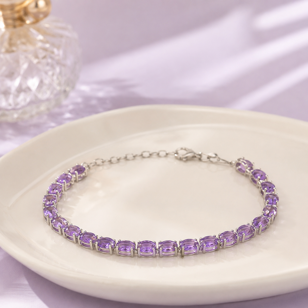 Natural Amethyst Oval Tennis Bracelet in 925 Sterling Silver, 5×7mm Gemstones