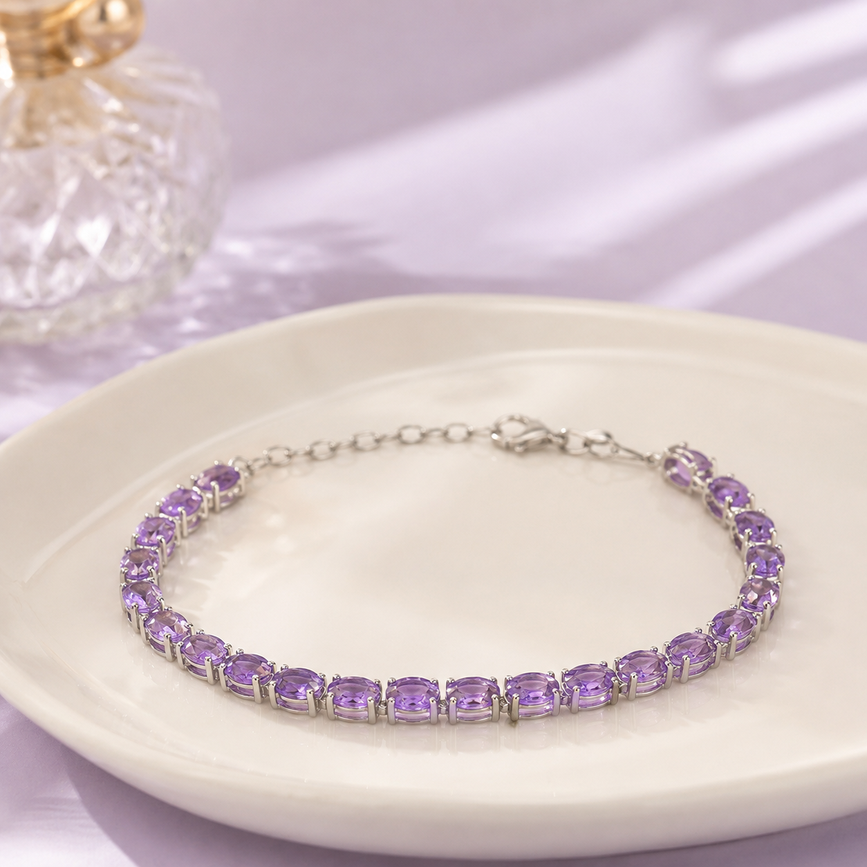 Natural Amethyst Oval Tennis Bracelet in 925 Sterling Silver, 5×7mm Gemstones