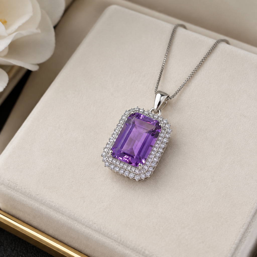 Natural Amethyst Double Halo Pendant in 925 Sterling Silver, 10×14mm Rectangular Gemstone