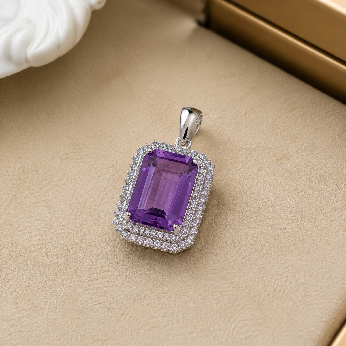 Natural Amethyst Double Halo Pendant in 925 Sterling Silver, 10×14mm Rectangular Gemstone