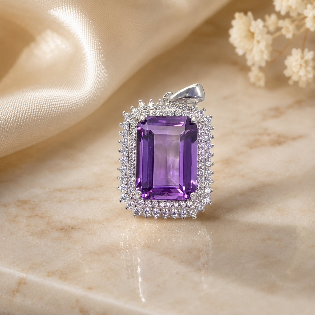 Natural Amethyst Double Halo Pendant in 925 Sterling Silver, 10×14mm Rectangular Gemstone