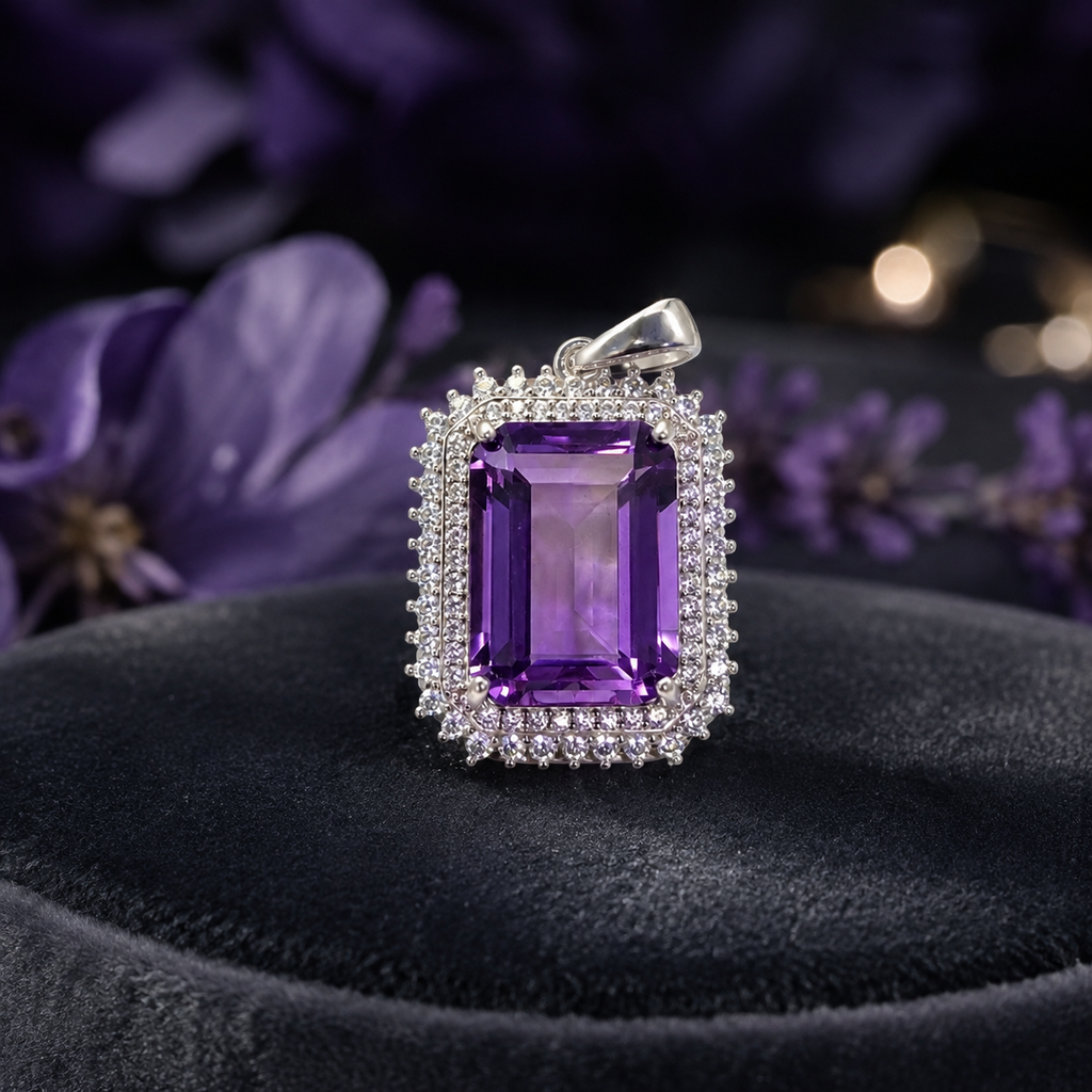 Natural Amethyst Double Halo Pendant in 925 Sterling Silver, 10×14mm Rectangular Gemstone