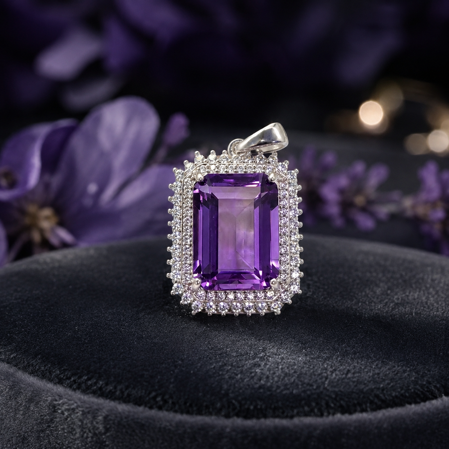 Natural Amethyst Double Halo Pendant in 925 Sterling Silver, 10×14mm Rectangular Gemstone