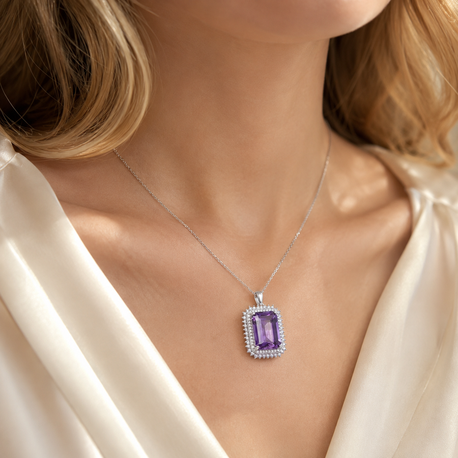 Natural Amethyst Double Halo Pendant in 925 Sterling Silver, 10×14mm Rectangular Gemstone