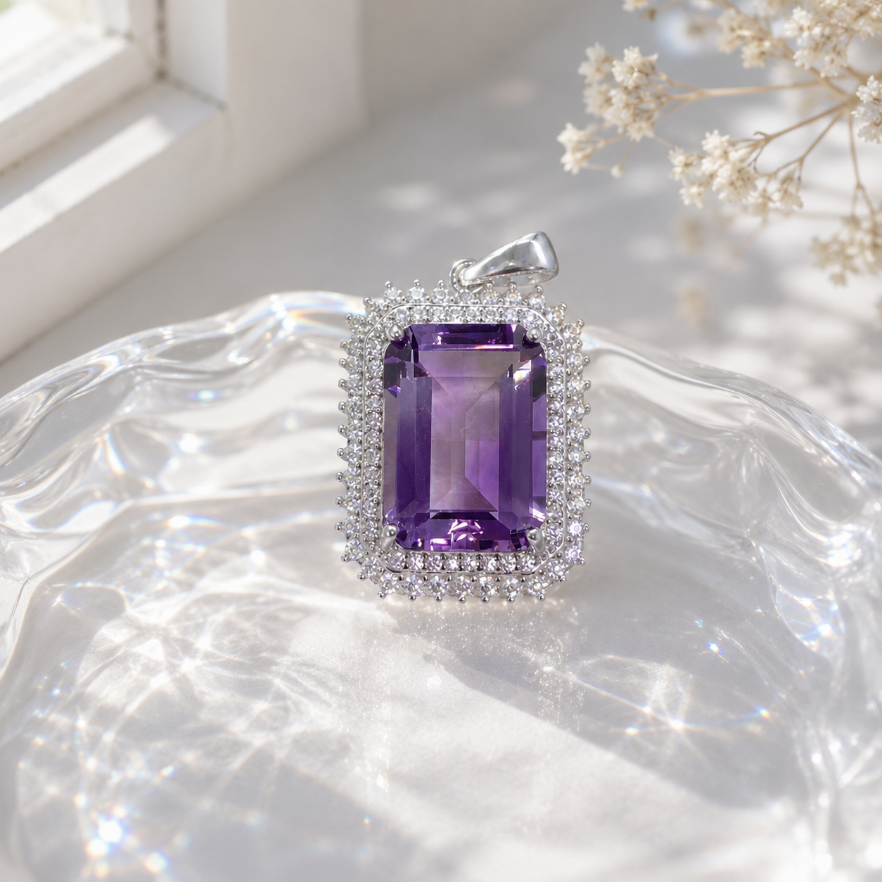 Natural Amethyst Double Halo Pendant in 925 Sterling Silver, 10×14mm Rectangular Gemstone