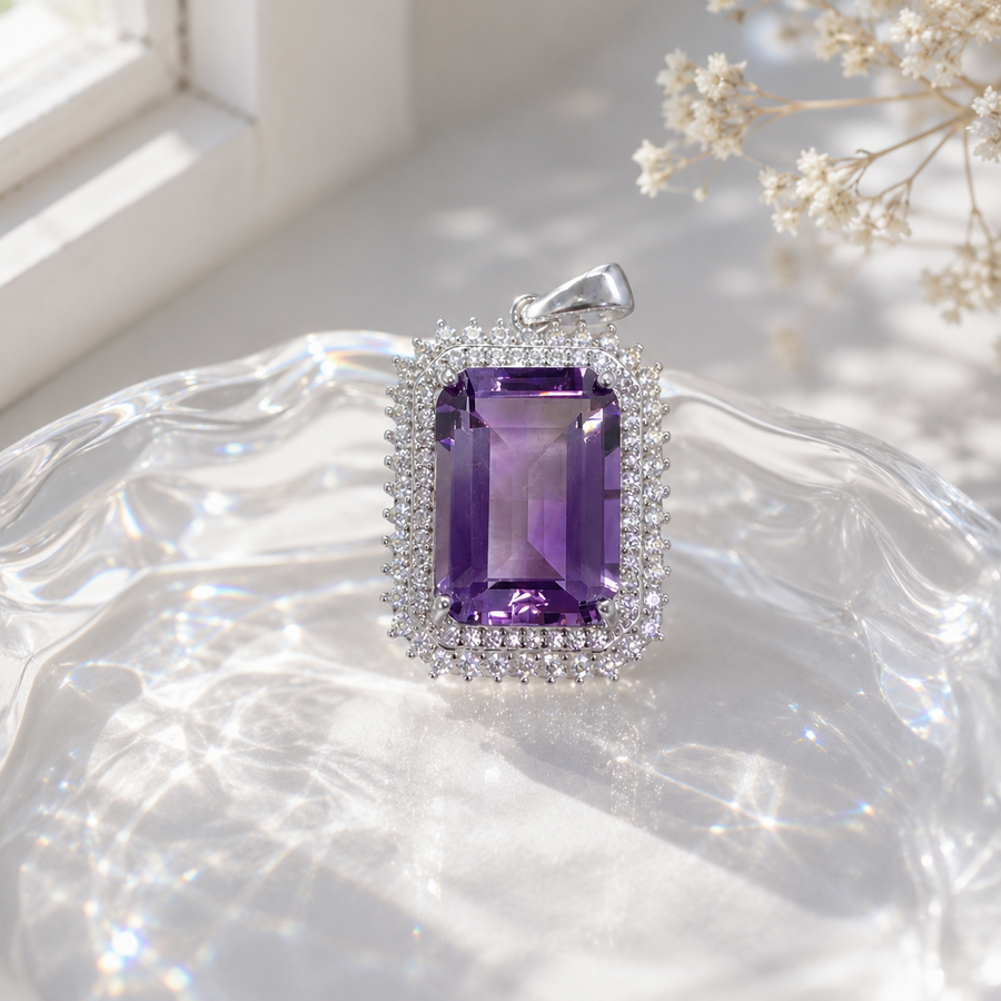 Natural Amethyst Double Halo Pendant in 925 Sterling Silver, 10×14mm Rectangular Gemstone