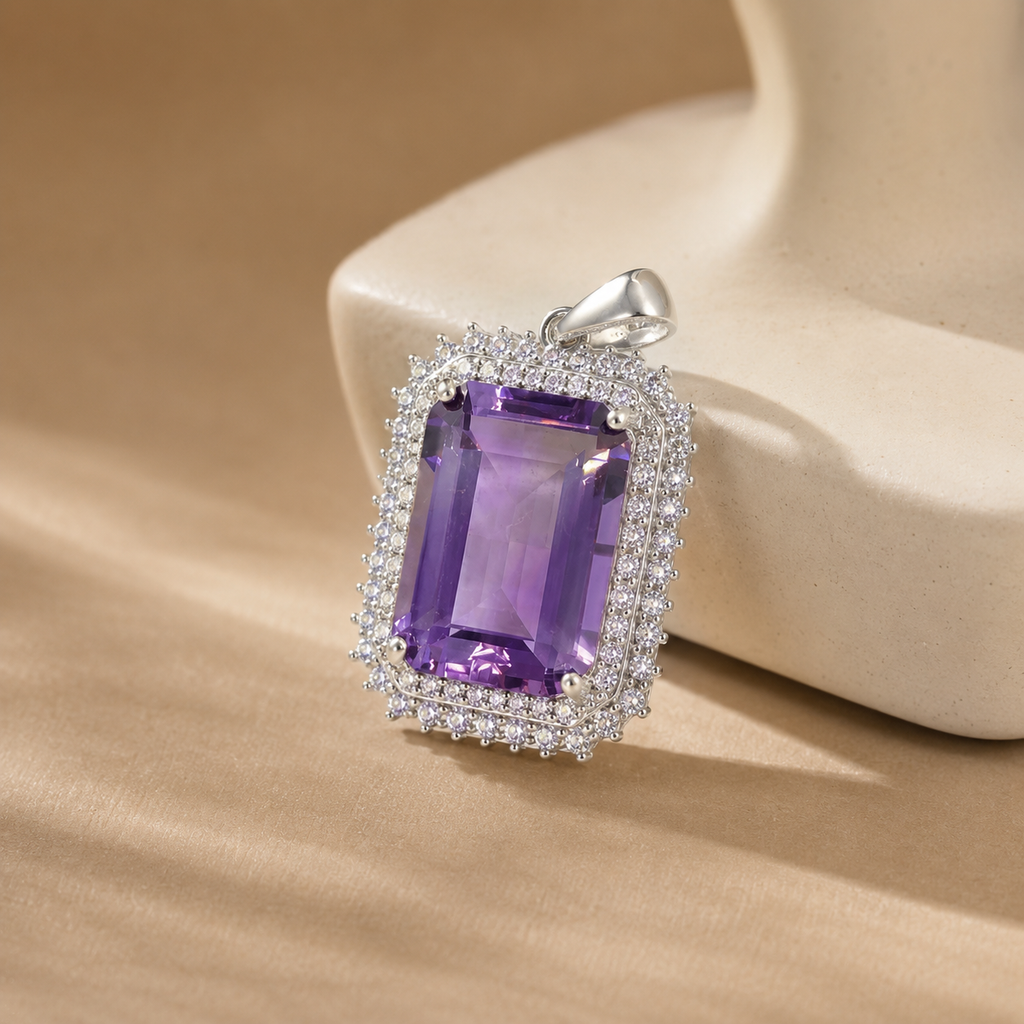 Natural Amethyst Double Halo Pendant in 925 Sterling Silver, 10×14mm Rectangular Gemstone