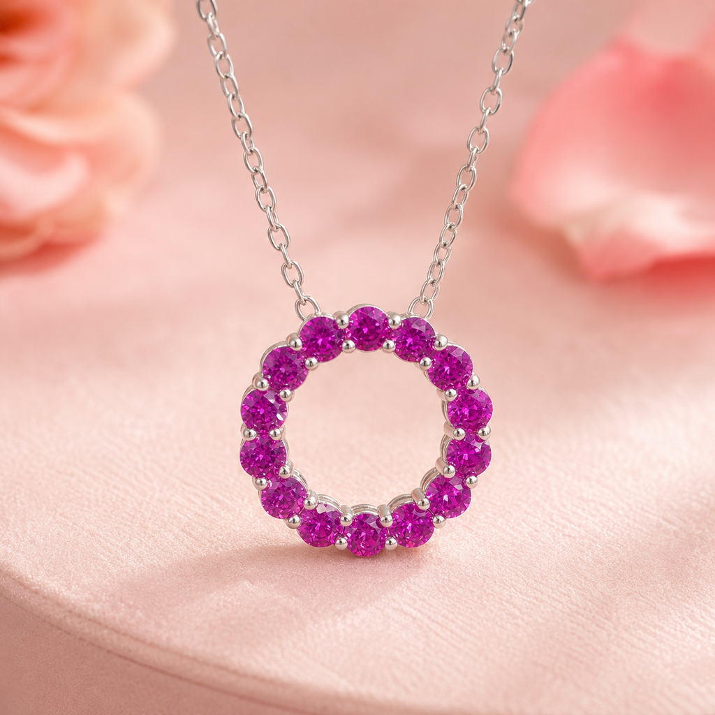 Natural Garnet Circle Necklace in 925 Sterling Silver, 3mm Gemstones