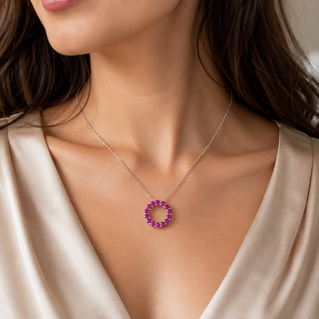 Natural Garnet Circle Necklace in 925 Sterling Silver, 3mm Gemstones