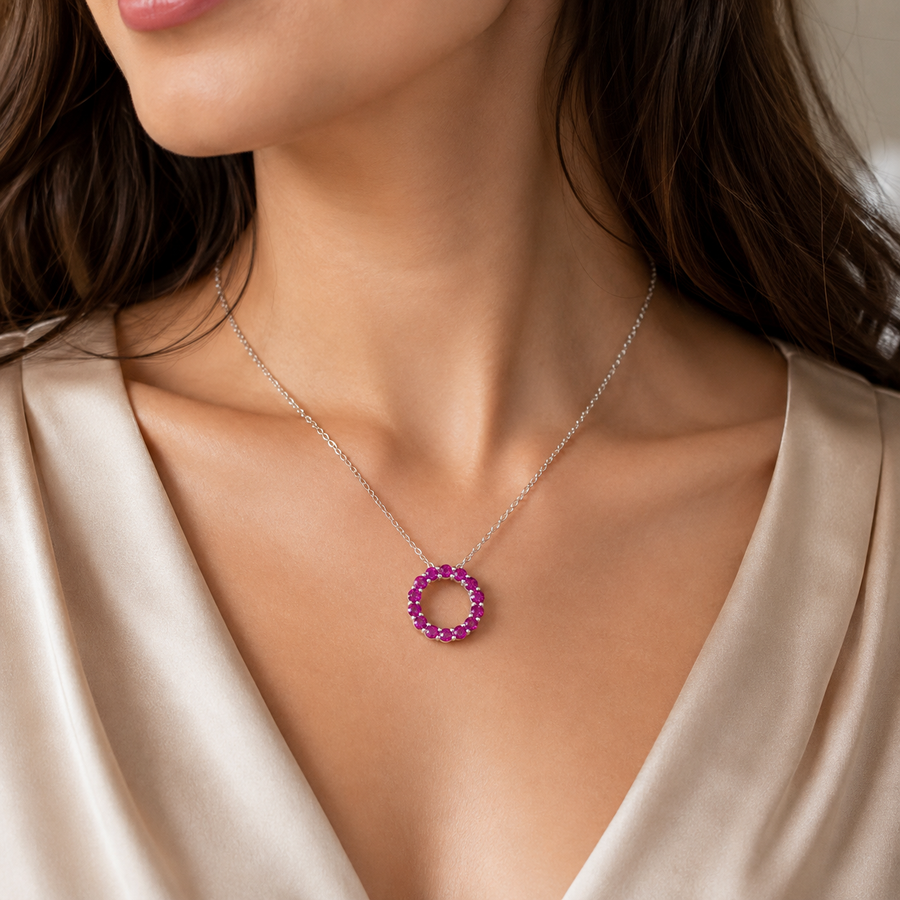 Natural Garnet Circle Necklace in 925 Sterling Silver, 3mm Gemstones