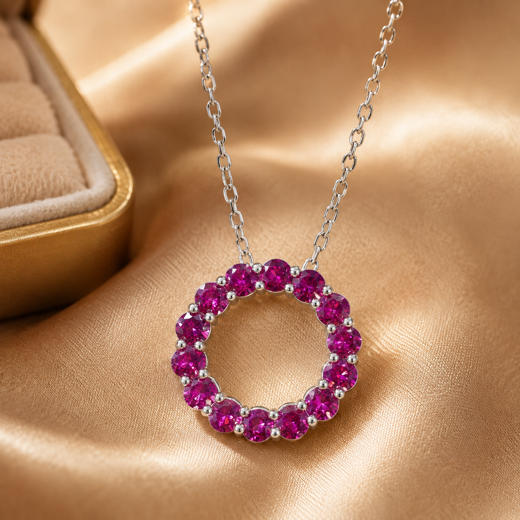 Natural Garnet Circle Necklace in 925 Sterling Silver, 3mm Gemstones