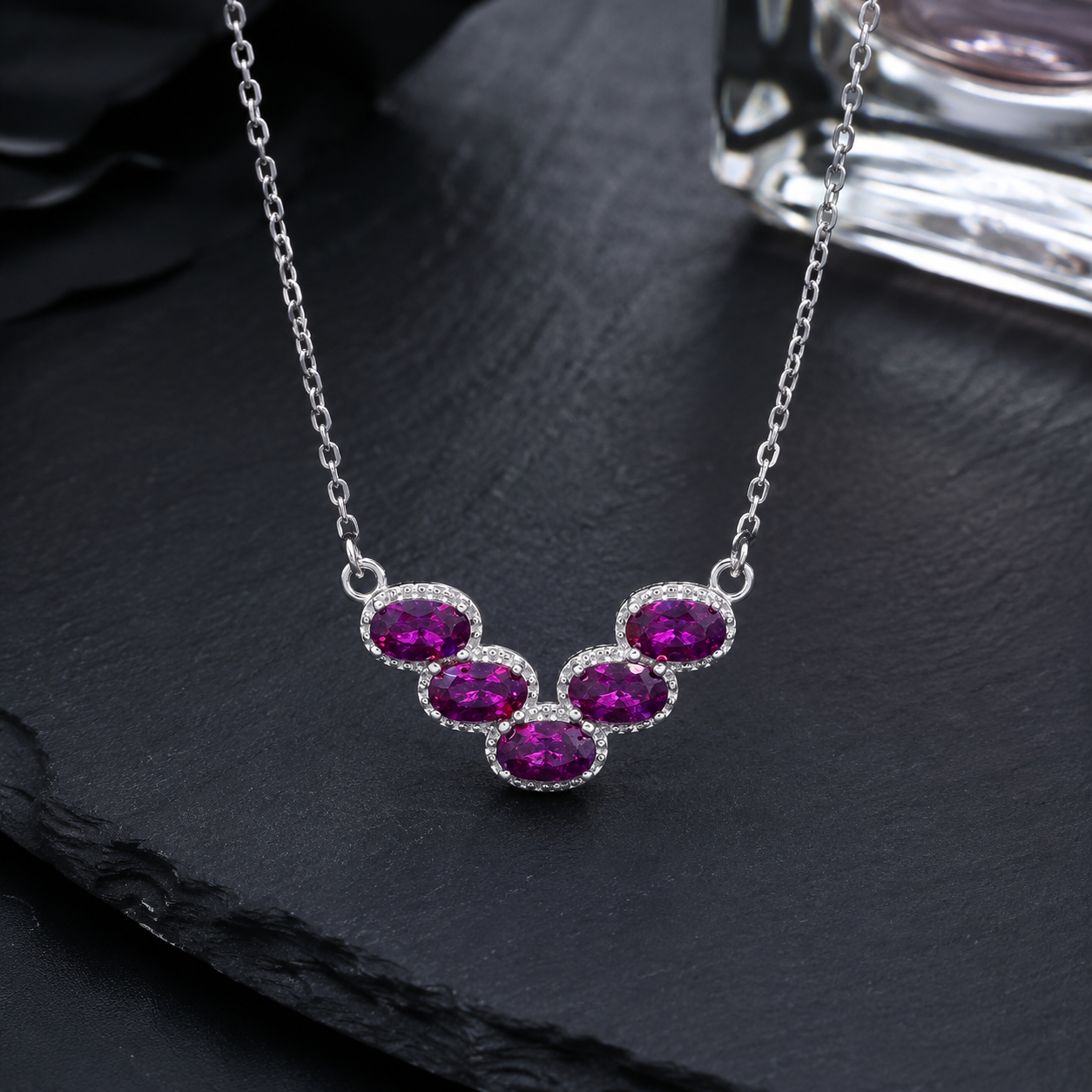 Natural Rhodolite Garnet Five-Stone Necklace in 925 Sterling Silver, 3×5mm Gemstones
