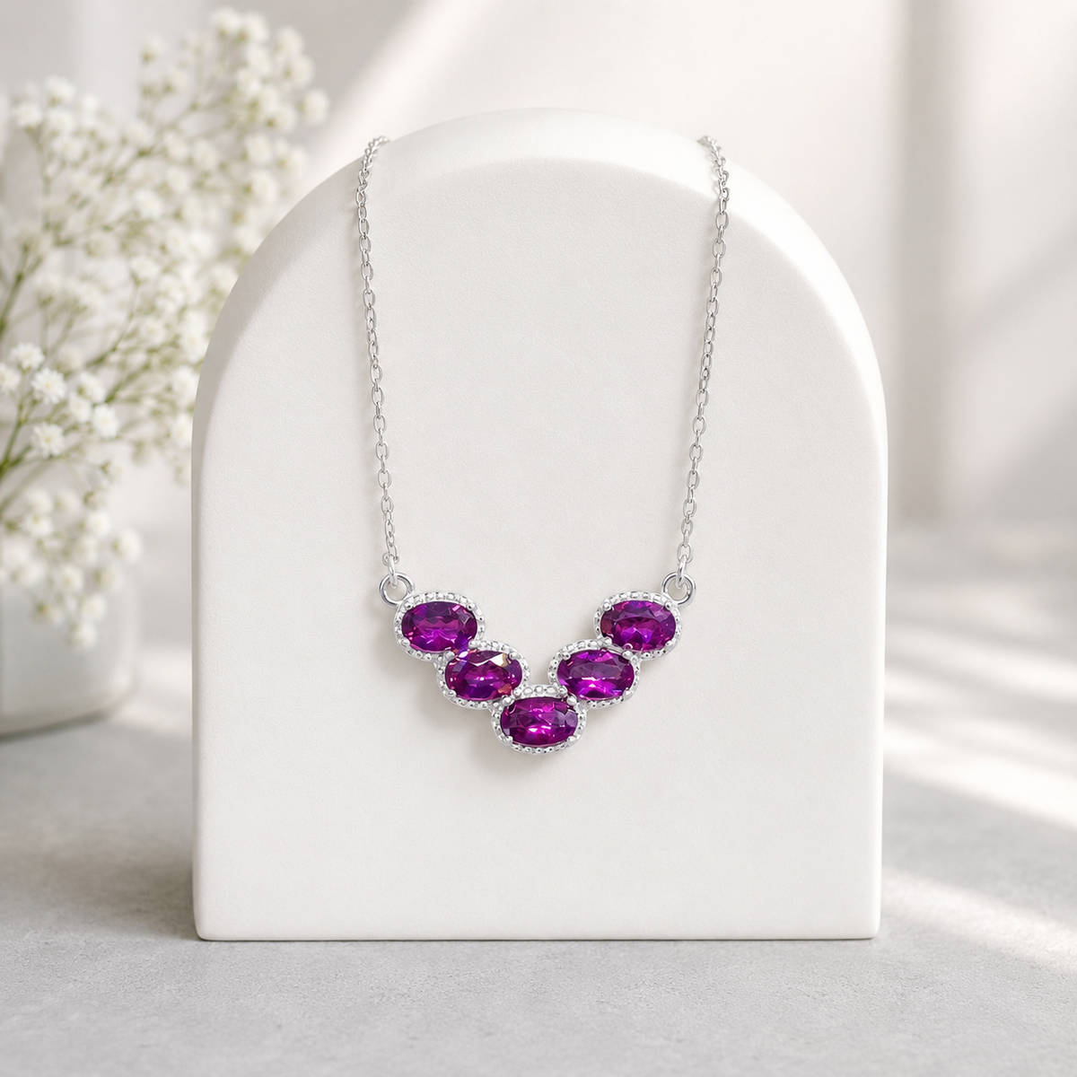 Natural Rhodolite Garnet Five-Stone Necklace in 925 Sterling Silver, 3×5mm Gemstones