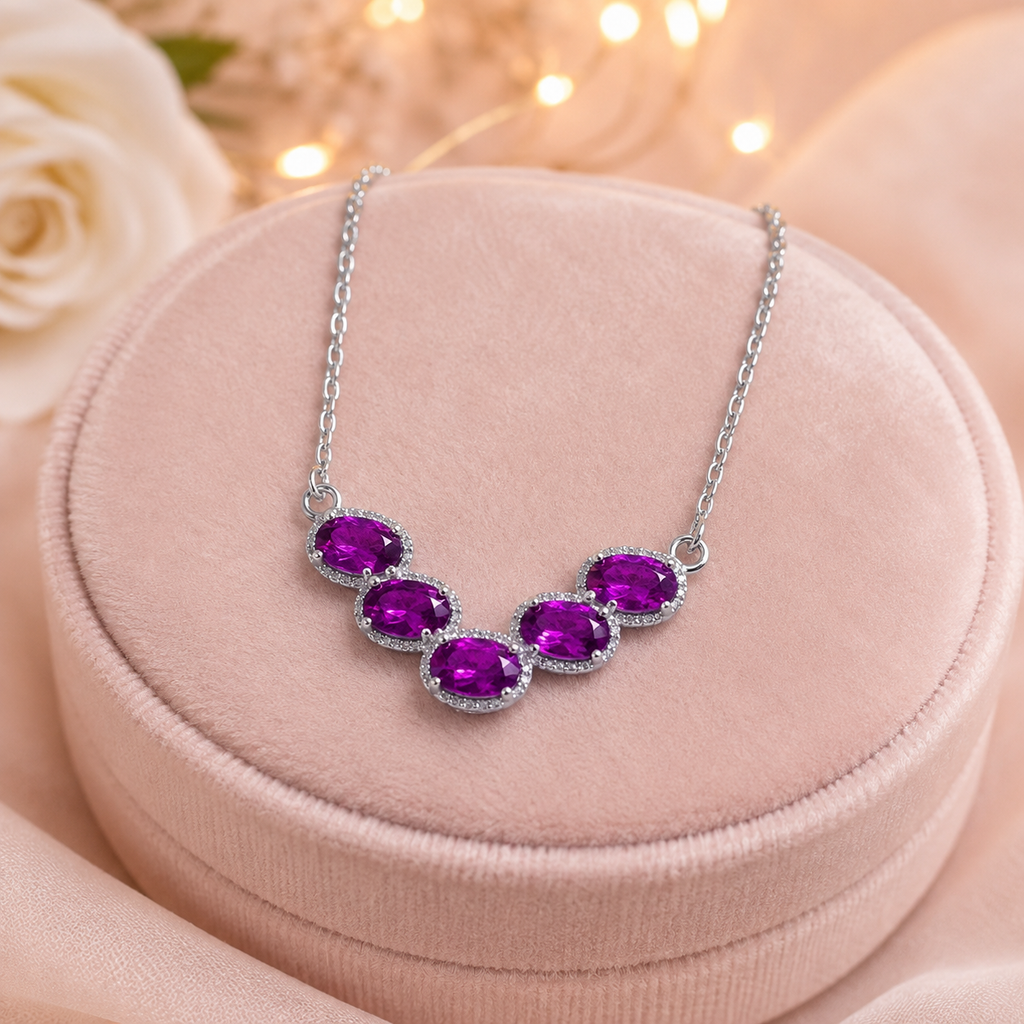 Natural Rhodolite Garnet Five-Stone Necklace in 925 Sterling Silver, 3×5mm Gemstones