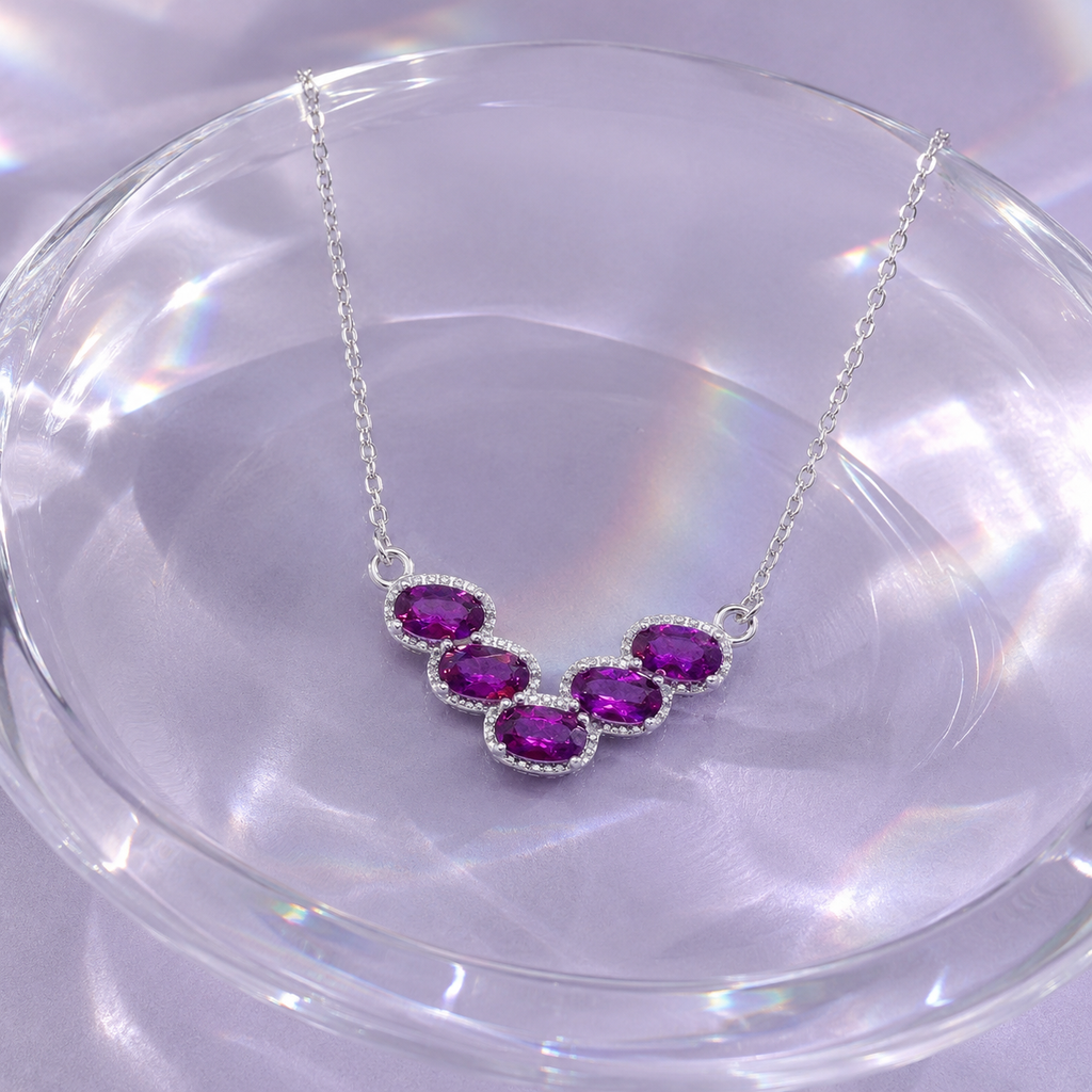 Natural Rhodolite Garnet Five-Stone Necklace in 925 Sterling Silver, 3×5mm Gemstones