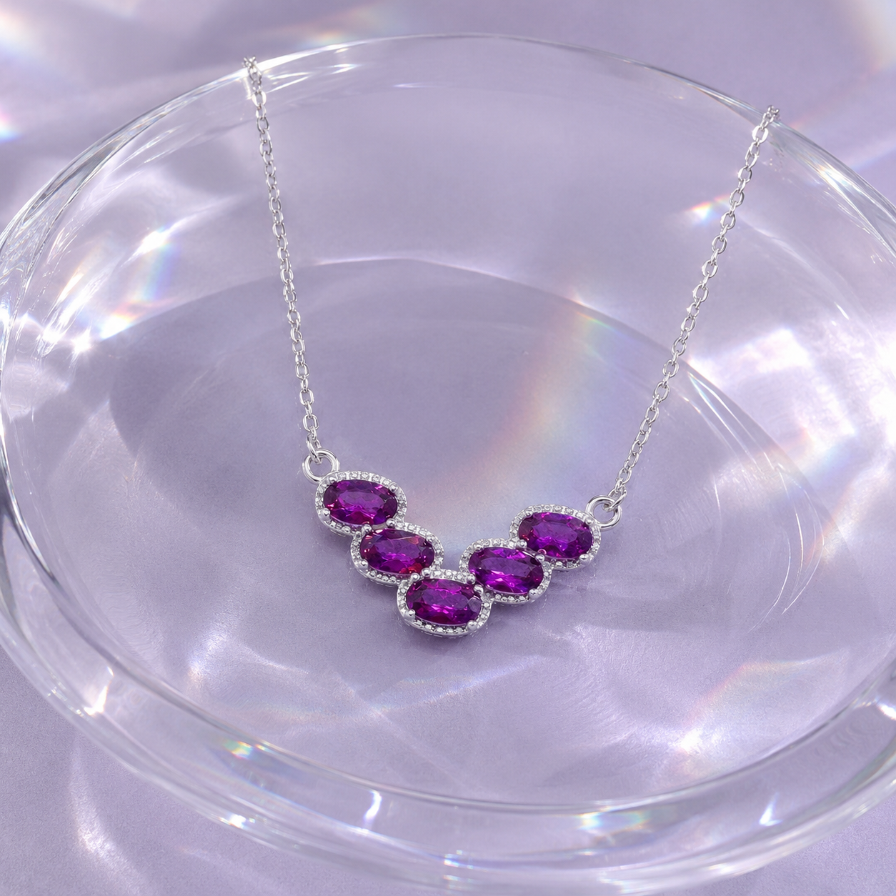 Natural Rhodolite Garnet Five-Stone Necklace in 925 Sterling Silver, 3×5mm Gemstones