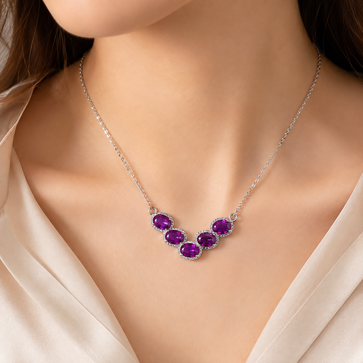 Natural Rhodolite Garnet Five-Stone Necklace in 925 Sterling Silver, 3×5mm Gemstones