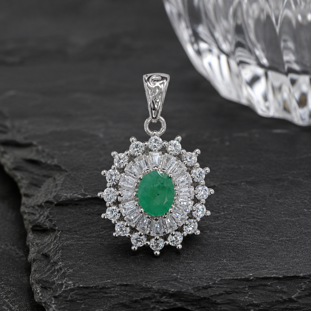 Natural Emerald Sunburst Halo Pendant in 925 Sterling Silver, 4×5mm Gemstone