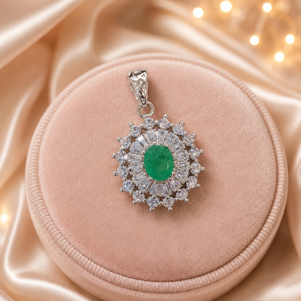 Natural Emerald Sunburst Halo Pendant in 925 Sterling Silver, 4×5mm Gemstone