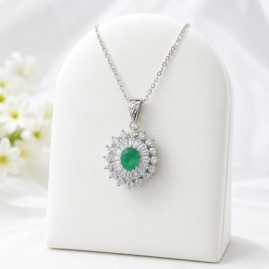 Natural Emerald Sunburst Halo Pendant in 925 Sterling Silver, 4×5mm Gemstone