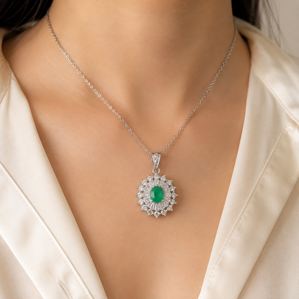 Natural Emerald Sunburst Halo Pendant in 925 Sterling Silver, 4×5mm Gemstone