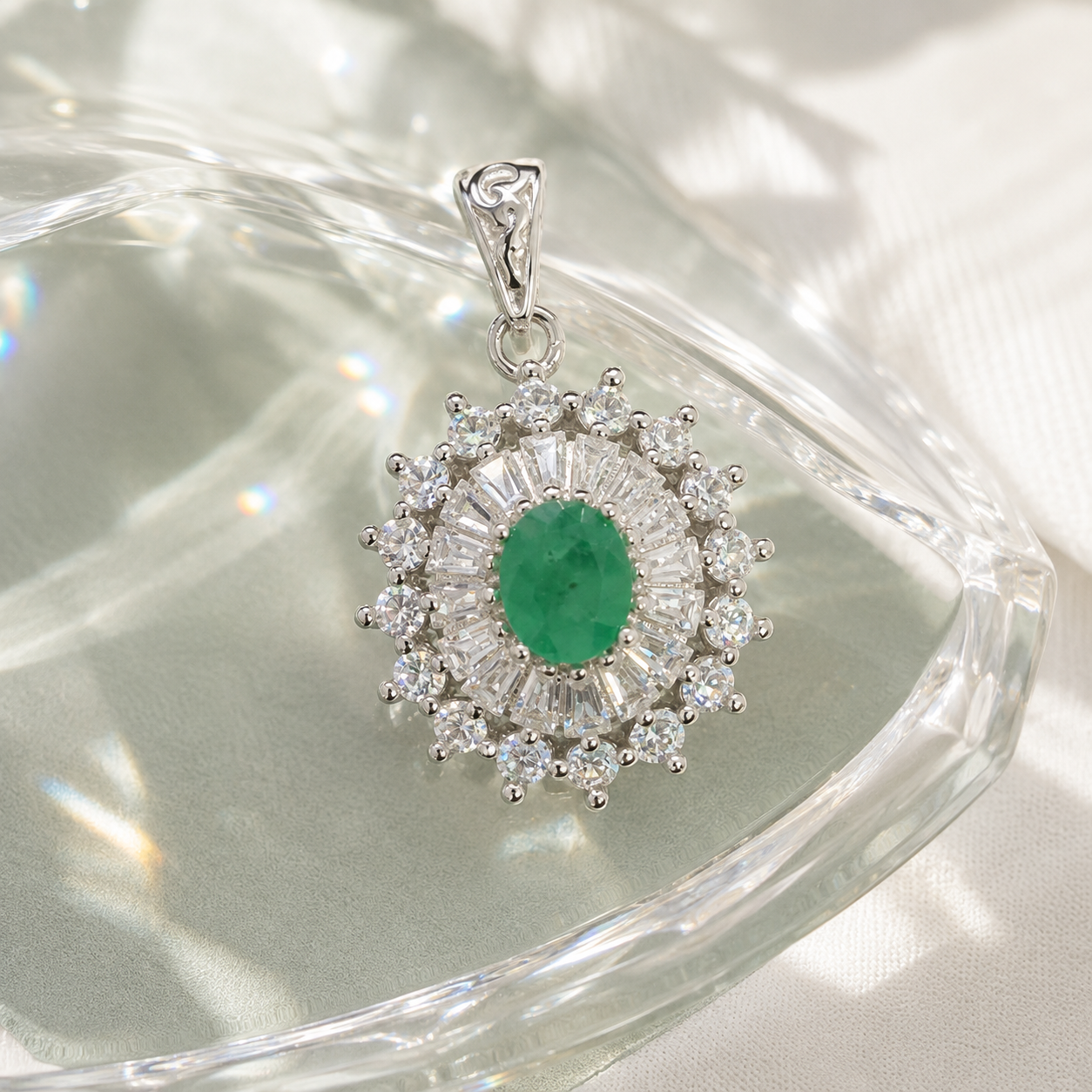 Natural Emerald Sunburst Halo Pendant in 925 Sterling Silver, 4×5mm Gemstone