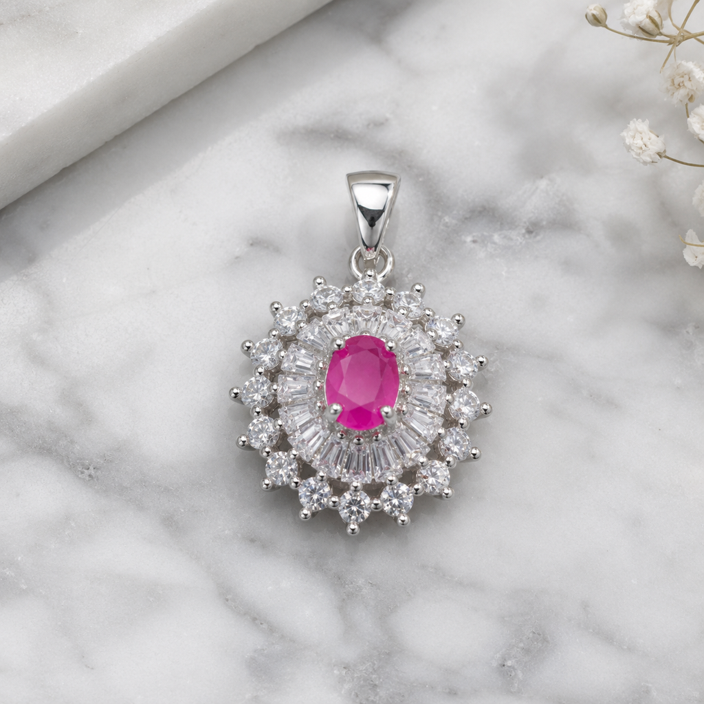 925 Sterling Silver Ruby Halo Pendant Only – 4x5mm Oval Vintage Gemstone Charm