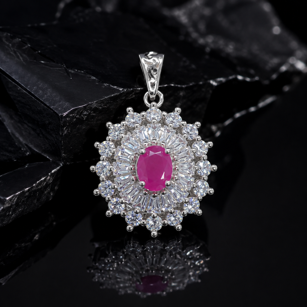 925 Sterling Silver Ruby Halo Pendant Only – 4x5mm Oval Vintage Gemstone Charm