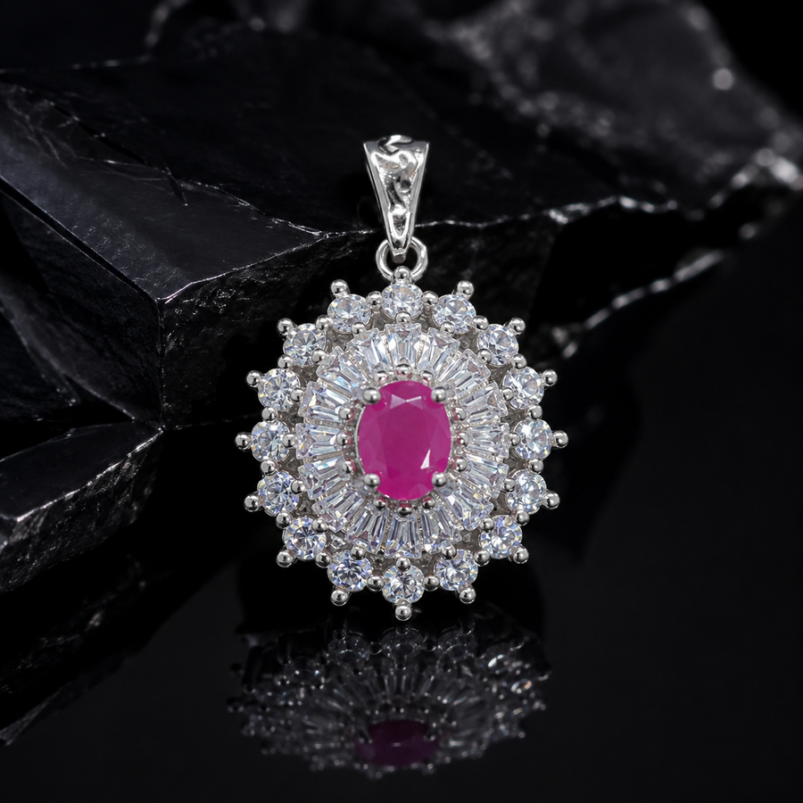 925 Sterling Silver Ruby Halo Pendant Only – 4x5mm Oval Vintage Gemstone Charm