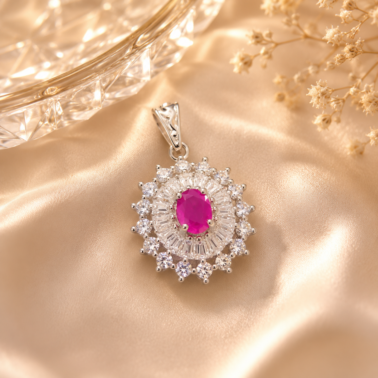 925 Sterling Silver Ruby Halo Pendant Only – 4x5mm Oval Vintage Gemstone Charm