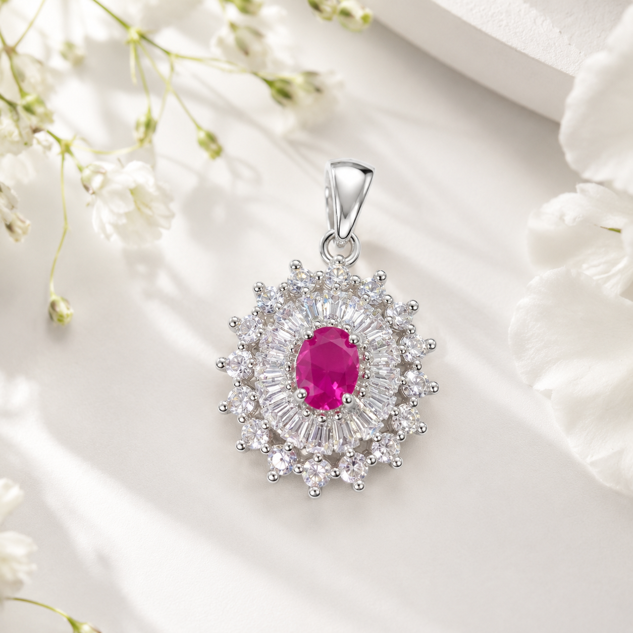 925 Sterling Silver Ruby Halo Pendant Only – 4x5mm Oval Vintage Gemstone Charm