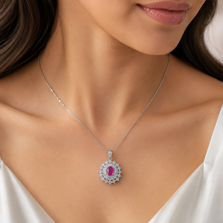 925 Sterling Silver Ruby Halo Pendant Only – 4x5mm Oval Vintage Gemstone Charm