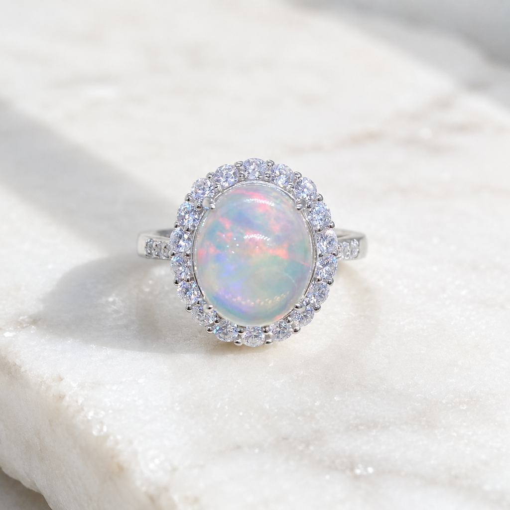 Natural White Opal Ring in 925 Sterling Silver, 9x11mm Oval Halo Ring