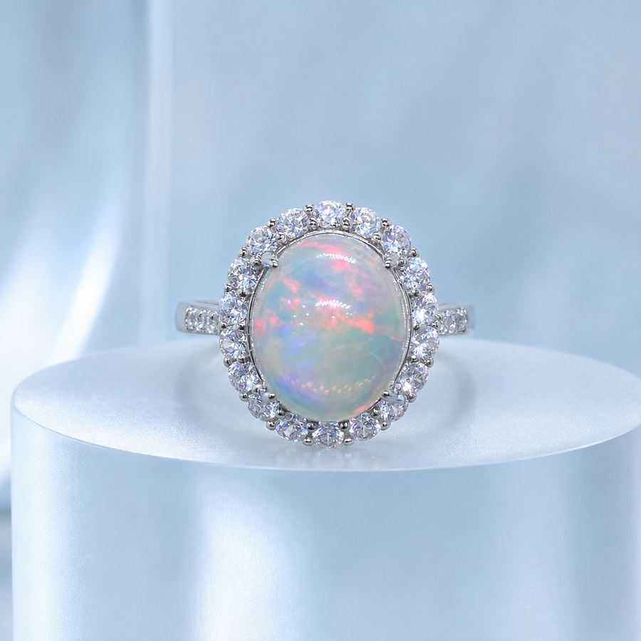 Natural White Opal Ring in 925 Sterling Silver, 9x11mm Oval Halo Ring