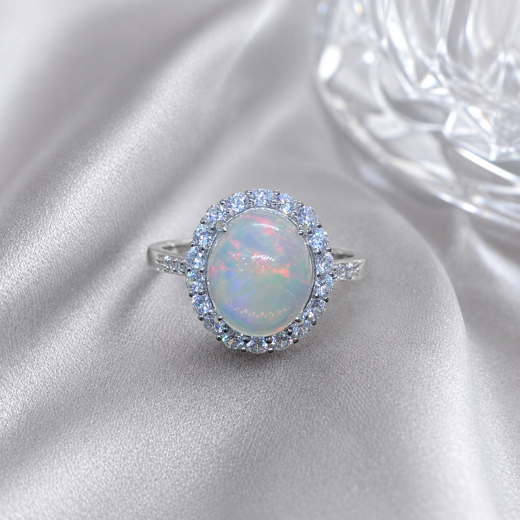 Natural White Opal Ring in 925 Sterling Silver, 9x11mm Oval Halo Ring