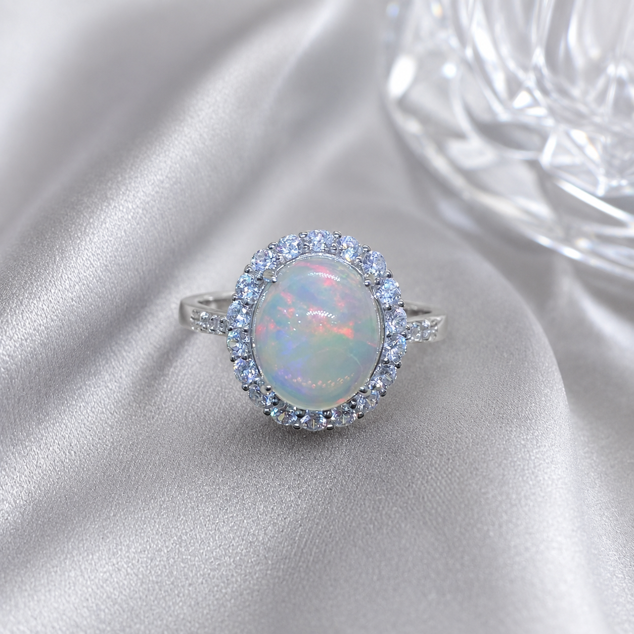 Natural White Opal Ring in 925 Sterling Silver, 9x11mm Oval Halo Ring