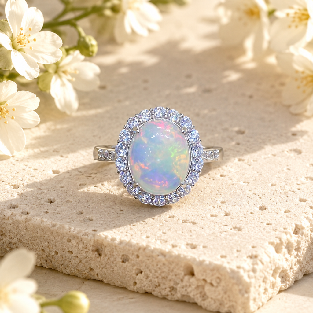 Natural White Opal Ring in 925 Sterling Silver, 9x11mm Oval Halo Ring