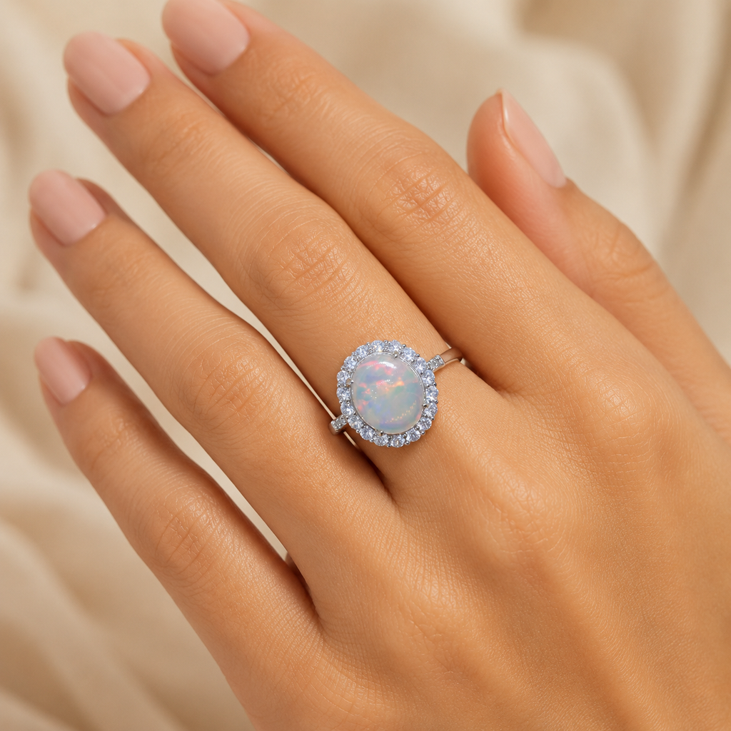 Natural White Opal Ring in 925 Sterling Silver, 9x11mm Oval Halo Ring