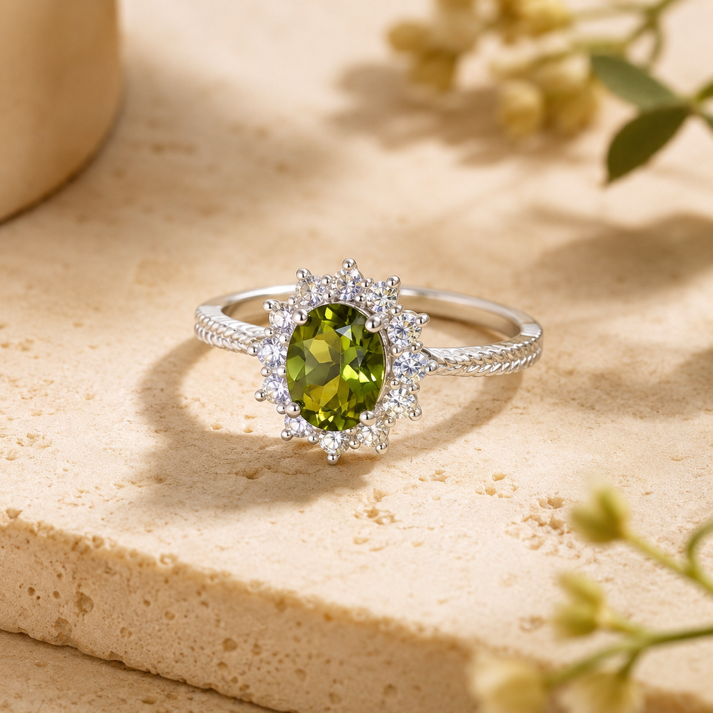 Natural Tourmaline Ring in 925 Sterling Silver, 5x7mm Oval Vintage Halo Ring
