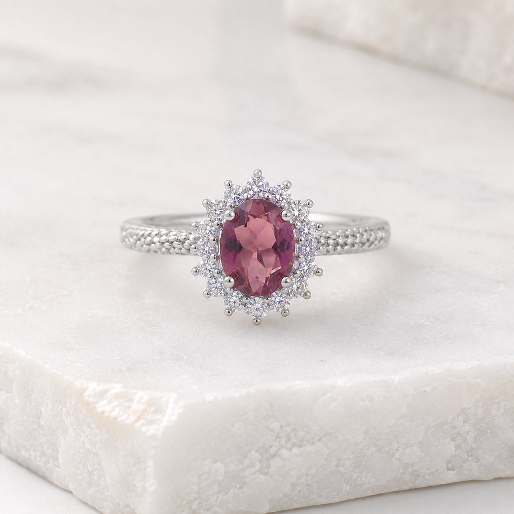 Natural Tourmaline Ring in 925 Sterling Silver, 5x7mm Oval Vintage Halo Ring