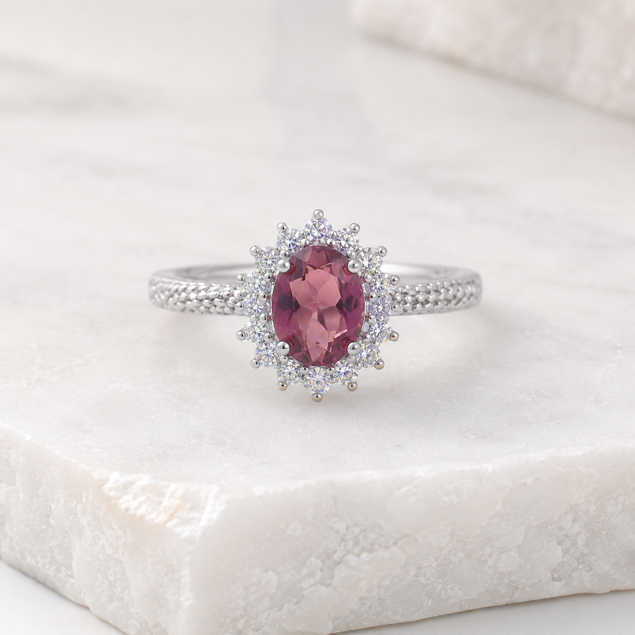 Natural Tourmaline Ring in 925 Sterling Silver, 5x7mm Oval Vintage Halo Ring