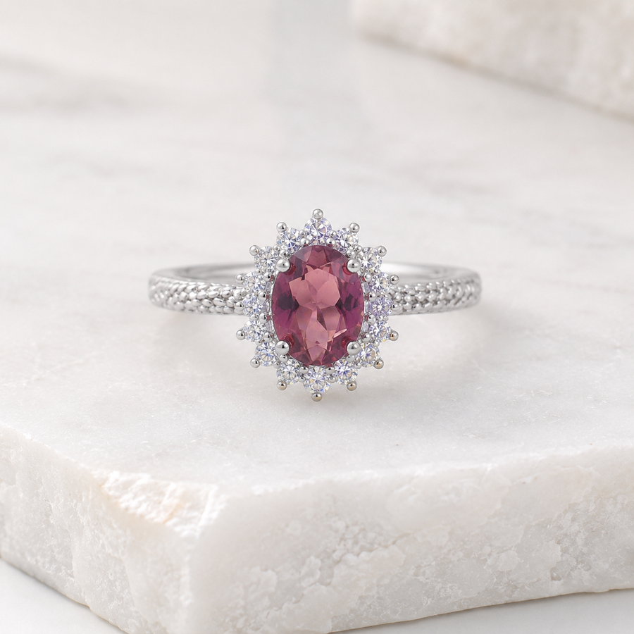 Natural Tourmaline Ring in 925 Sterling Silver, 5x7mm Oval Vintage Halo Ring