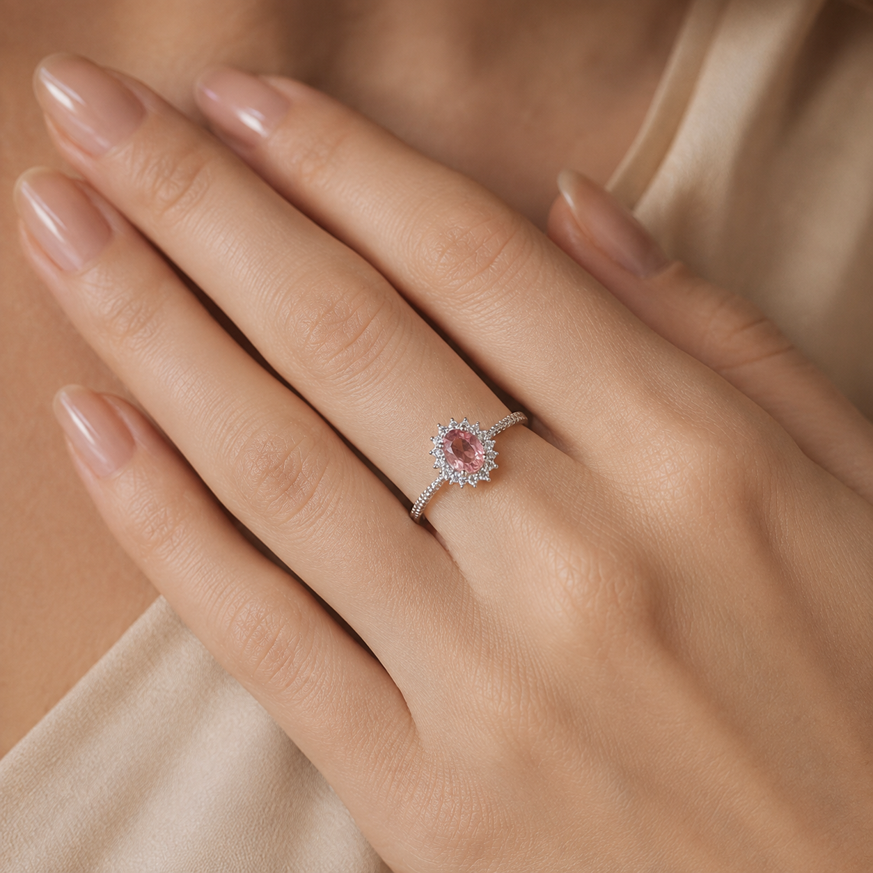 Natural Tourmaline Ring in 925 Sterling Silver, 5x7mm Oval Vintage Halo Ring
