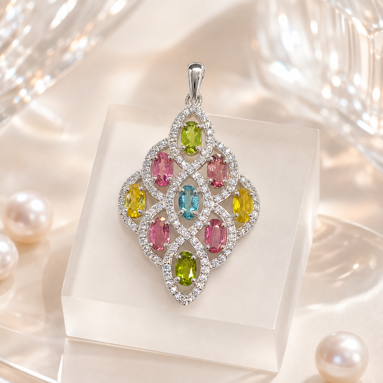 Natural Multicolor Tourmaline Pendant in 925 Sterling Silver, 3x5mm Center Stone