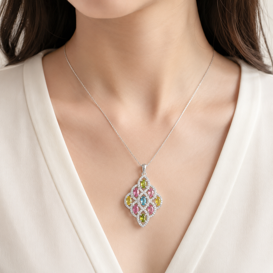 Natural Multicolor Tourmaline Pendant in 925 Sterling Silver, 3x5mm Center Stone