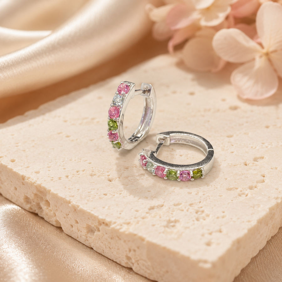 Natural Multicolor Tourmaline Huggie Hoop Earrings in 925 Sterling Silver, 2.5mm Gemstones
