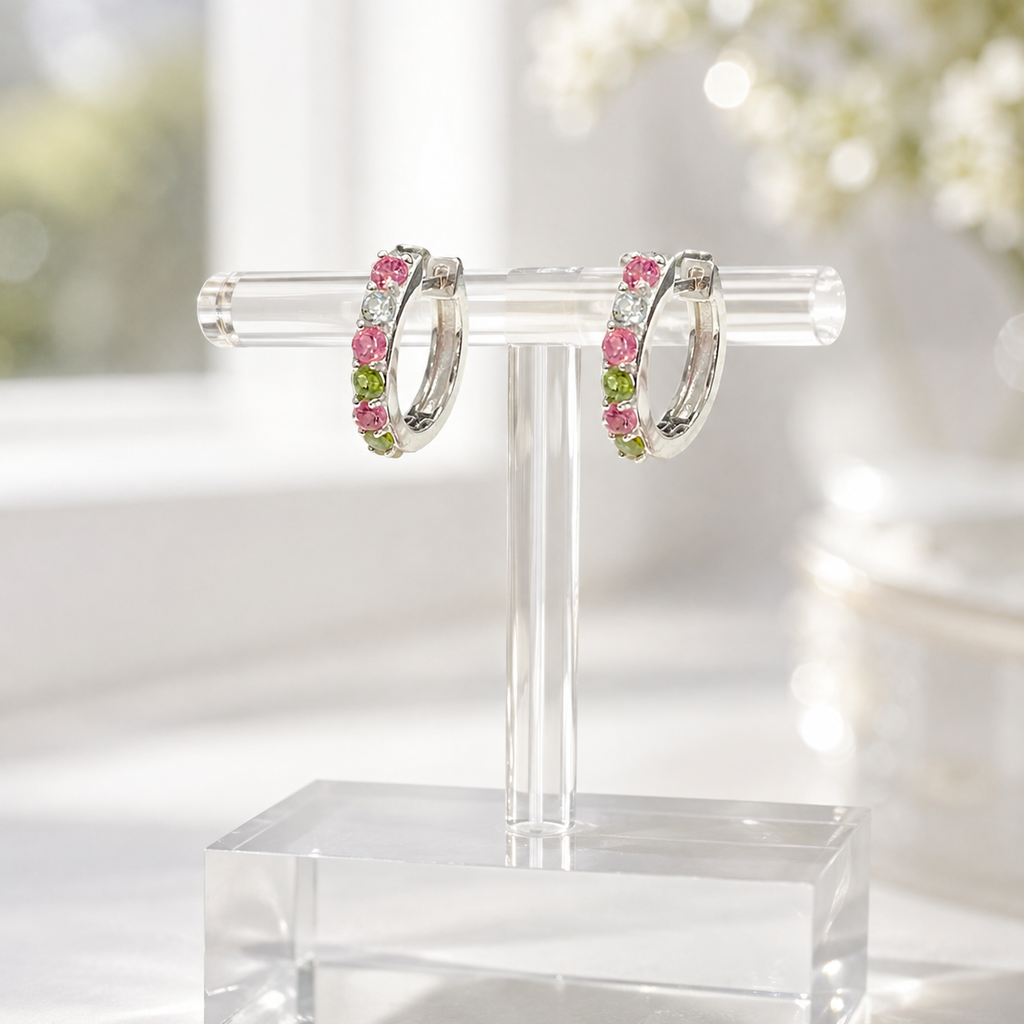 Natural Multicolor Tourmaline Huggie Hoop Earrings in 925 Sterling Silver, 2.5mm Gemstones